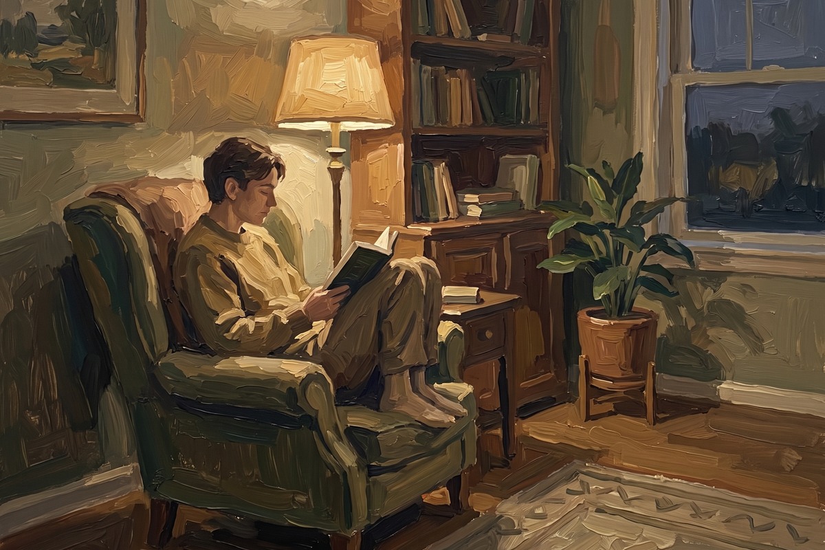 Мужчина читает в кресле под лампой в комнате с книгами