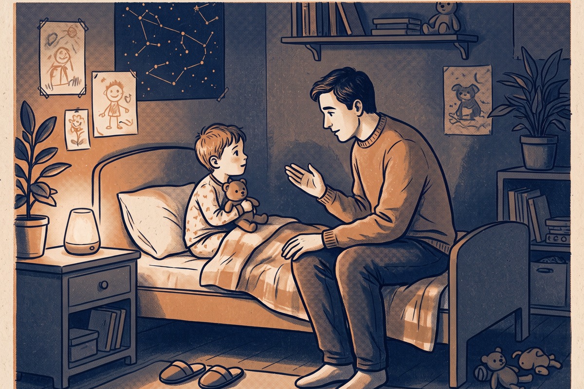 Отец разговаривает с ребёнком, сидящим в кровати с игрушкой — иллюстрация к статье о детских страхах