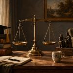 Весы, книги и блокнот на рабочем столе