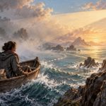 Человек в лодке приближается к маяку в бурном море